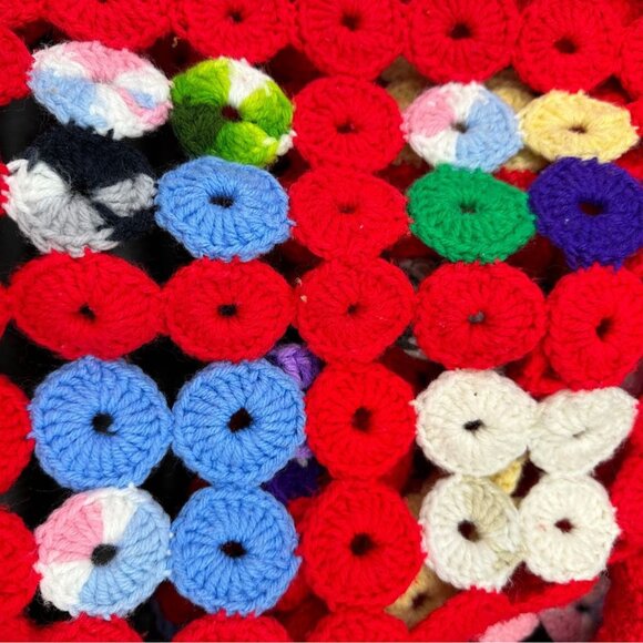 Vintage Afghan Crocheted Blanket Throw Red Rainbow Rings Handmade Retro Granny - Picture 4 of 8